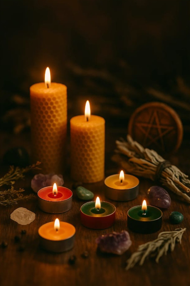 Bougies rituelles colorées et cristaux sacrés utilisés par Maître Muzab pour les cérémonies spirituelles